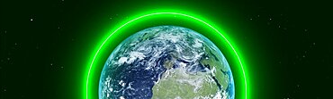 Saving the planet concept with a bright green barrier around the earth. Some elements sourced from NASA public Domain.