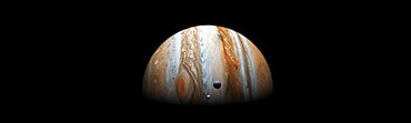 Jupiter gas giant slowly orbiting in deep space concept panoramic. Some elements sourced from NASA public Domain.