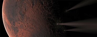 Meteors burning through Mars atmosphere on a collision path concept panoramic