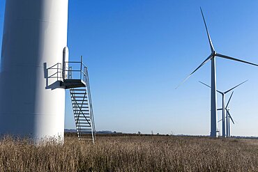 Metal stairs leading up into a large industrial wind turbine