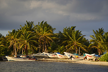 Pangas on the beach at Mahahual, Costa Maya, Mexico.