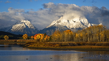 Mount Moran and the Teton Range from Oxbow Bend on the Snake River in Grand Teton National Park, Wyoming.