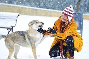 Caucasian young woman enjoying playing with a wolf dog in snow outdoor in winter time. Navarre, Spain, Europe.