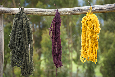 Naturally dyed alpaca yarn for weaving cloth hanging to dry; Misminay Village, Sacred Valley, Peru.