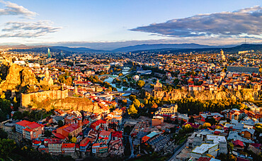 Aerial cityscape view of Tbilisi's old town at sunrise, Tbilisi, Georgia (Sakartvelo), Central Asia, Asia