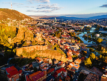 Aerial cityscape view of Tbilisi's old town at sunrise, Tbilisi, Georgia (Sakartvelo), Central Asia, Asia