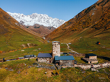 View of Mount Shkhara with the iconic Church of St. George, Ushguli, Mestia, Samegrelo-Upper Svaneti, Georgia (Sakartvelo), Central Asia, Asia