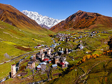 Aerial landscape view of Ushguli, with Mount Shkhara, Ushguli, Mestia, Svaneti, Georgia (Sakartvelo), Central Asia, Asia