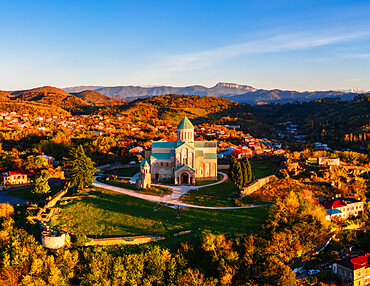 Aerial view of Bagrati Cathedral at sunrise, in Kutaisi, Imereti, Georgia (Sakartvelo), Central Asia, Asia