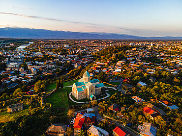 Aerial cityscape view of Bagrati Cathedral and Kutaisi, Imereti, Georgia (Sakartvelo), Central Asia, Asia