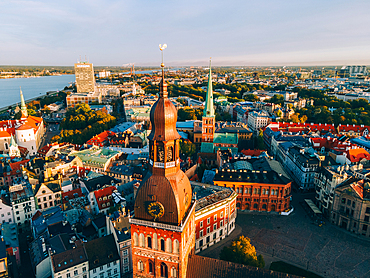 Aerial drone sunrise view of Riga's Cathedral in Riga Old Town (Vecriga), UNESCO World Heritage Site, Riga, Latvia, Europe