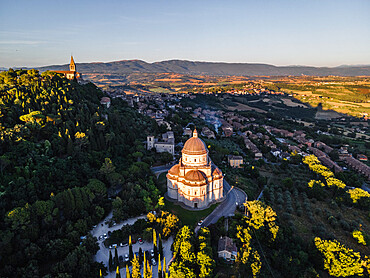 Aerial view of Todi's cityscape, with St. Mary's Church and St. Fortunato's Church, Todi, Umbria, Italy, Europe