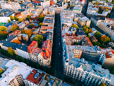 Aerial drone sunset view of Albert Street in the Art Nouveau District, Riga, Latvia, Europe