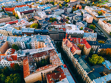 Aerial drone sunset view of Albert Street in the Art Nouveau District, Riga, Latvia, Europe