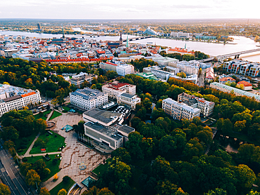 Aerial drone sunset view of Riga Old Town (Vecriga) Riga, Latvia, Europe