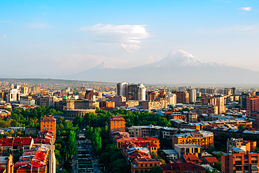 The view from the Cascade Complex of Mount Ararat and Yerevan, Armenia (Hayastan), Caucasus, Central Asia, Asia