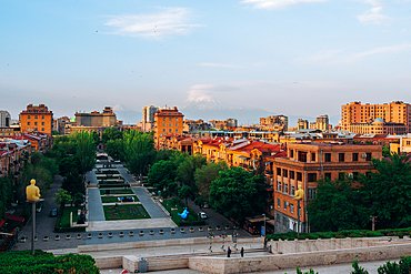 The view from the Cascade Complex of Mount Ararat and Yerevan, Armenia (Hayastan), Caucasus, Central Asia, Asia