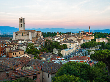 View of Perugia's cityscape from Giardini Carducci viewpoint at sunset, Perugia, Umbria, Italy, Europe