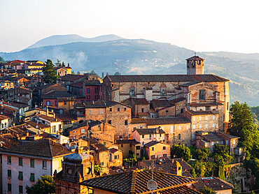 View of Perugia's cityscape from Porta Sole viewpoint at sunrise, Perugia, Umbria, Italy, Europe