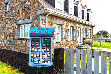 Honesty box with homemade products on the Isle of Sark, Channel Islands, Europe