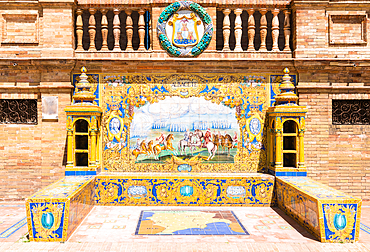 One of the 48 tiled Provincial Alcoves along the walls of the Plaza de Espana (Spain Square) in Parque de Maria Luisa (Maria Luisa Park), Seville, Andalusia, Spain, Europe