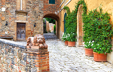 A stone lion guarding medieval village of Lucignano d'Asso, comune of Montalcino, Tuscany, Italy