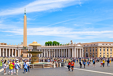 View towards Bernini fountain, obelisk and colonnade on St. Peter's Square, UNESCO, Vatican City, Rome, Lazio, Italy