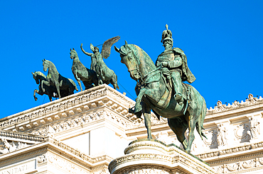 An equestrian sculpture of Victor Emmanuel II, a part of the The Vittoriano (also Monumento Nazionale a Vittorio Emanuele II, Altare della Patria or Altar of the Fatherland) to honour the first king of an unified Italy, on Piazza Venezia (Venice Square),