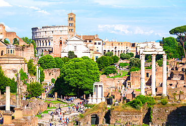 The Forum Romanum (Roman Forum), Church of Santa Francesca Romana (Basilica di Santa Francesca Romana) and its bell tower and the Colosseum, Rome, Italy