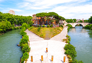 View towards Tiber island (Isola Tiberina) and Ponte Cestio, Rome, Lazio, Italy