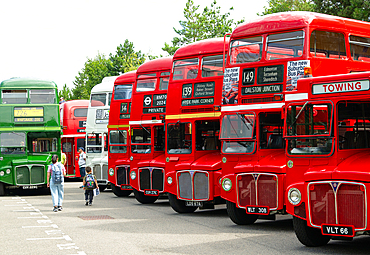 Routemaster buses parade at the 70th anniversary of the first Routemaster bus, RM1, London, England