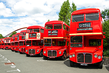 Routemaster buses parade at the 70th anniversary of the first Routemaster bus, RM1, London, England