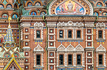 The exterior mosaic of the Church of the Savior on Spilled Blood (Tserkov Spasa na Krovi), UNESCO World Heritage Site, St. Petersburg, Russia, Europe