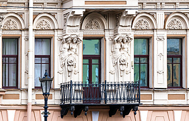 Caryatid figures on the facade of a building in St. Petersburg, Russia, Europe