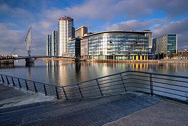 MediaCityUK, Media City Footbridge and BBC Studios, Salford Quays, Salford, Manchester, England, United Kingdom, Europe