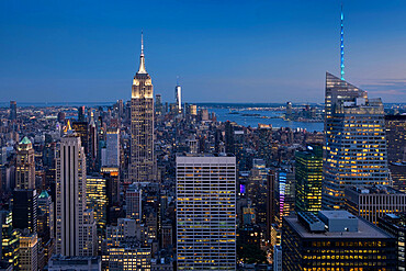 The Empire State Building, Manhattan skyscrapers and the Hudson River at night, Manhattan, New York, United States of America, North America