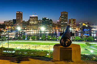 Baltimore city skyline and Inner Harbour at night from Federal Hill Park, Baltimore, Maryland, United States of America, North America