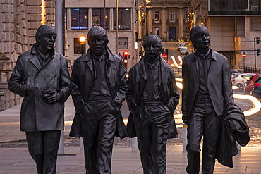 The Beatles Statue at the Pier Head, Liverpool Waterfront, Liverpool, Merseyside, England, United Kingdom, Europe