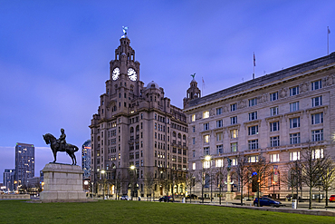 The Liver Building and Pier Head at night, Liverpool Waterfront, Liverpool, Merseyside, England, United Kingdom, Europe