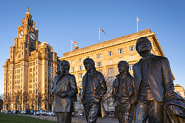 The Beatles Statue and Royal Liver Building, Pier Head, Liverpool Waterfront, Liverpool, Merseyside, England, United Kingdom, Europe