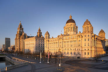 Evening Light on The Pier Head featuring the Royal Liver Building, the Cunard Building and Port of Liverpool Building, Liverpool Waterfront, Liverpool, Merseyside, England, United Kingdom, Europe