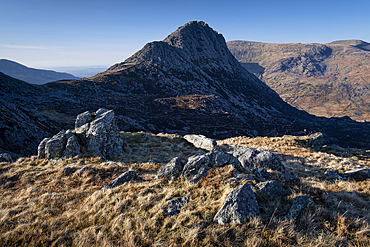 Last light on Tryfan viewed from Glyder Fach, The Glyderau, Snowdonia National Park, Eryri, North Wales, United Kingdom, Europe