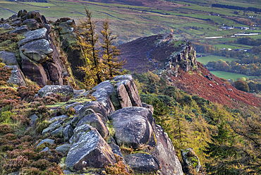 Hen Cloud from The Roaches rock formation in autumn, near Leek, Peak District National Park, Staffordshire Moorlands, Staffordshire, England, United Kingdom, Europe