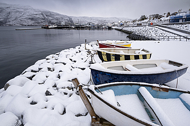 Ullapool Harbour and Loch Broom in winter, Ullapool, Ross and Cromarty, Scottish Highlands, Scotland, United Kingdom, Europe