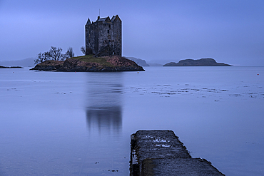 Castle Stalker and Loch Linnhe, near Appin, Argyll, Scottish Highlands, Scotland, United Kingdom, Europe