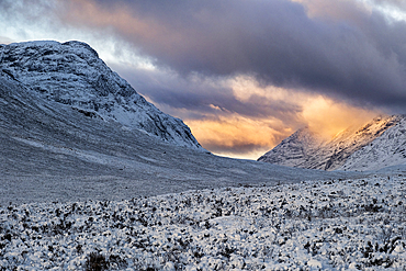 Sunset over Glen Etive in winter, Rannoch Moor, Scottish Highlands, Scotland, United Kingdom, Europe