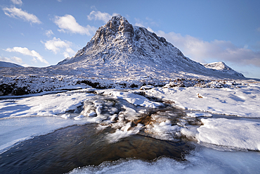 River Coupall below Stob Dearg (Buachaille Etive Mor) in winter, Rannoch Moor, Argyll and Bute, Scottish Highlands, Scotland, United Kingdom, Europe