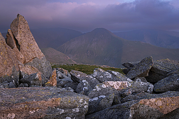 Last light on Yr Elen from Bera Bach, Carneddau Mountains, Snowdonia National Park, Eryri, North Wales, UK