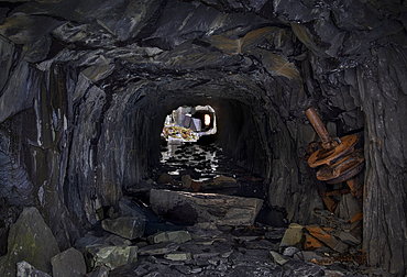 Former Mine Working Slate Cavern Tunnel at Dinorwig Quarry, Also known as Dinorwic Quarry, Eryri or Snowdonia National Park, North Wales, UK