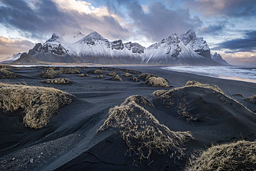 Vestrahorn Mountain and Stokksnes Beach at dawn, Stokksnes Peninsula, Southern Iceland, Europe